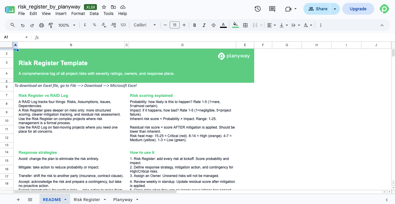 Risk register template Excel — comprehensive risk log with severity scoring and response plans