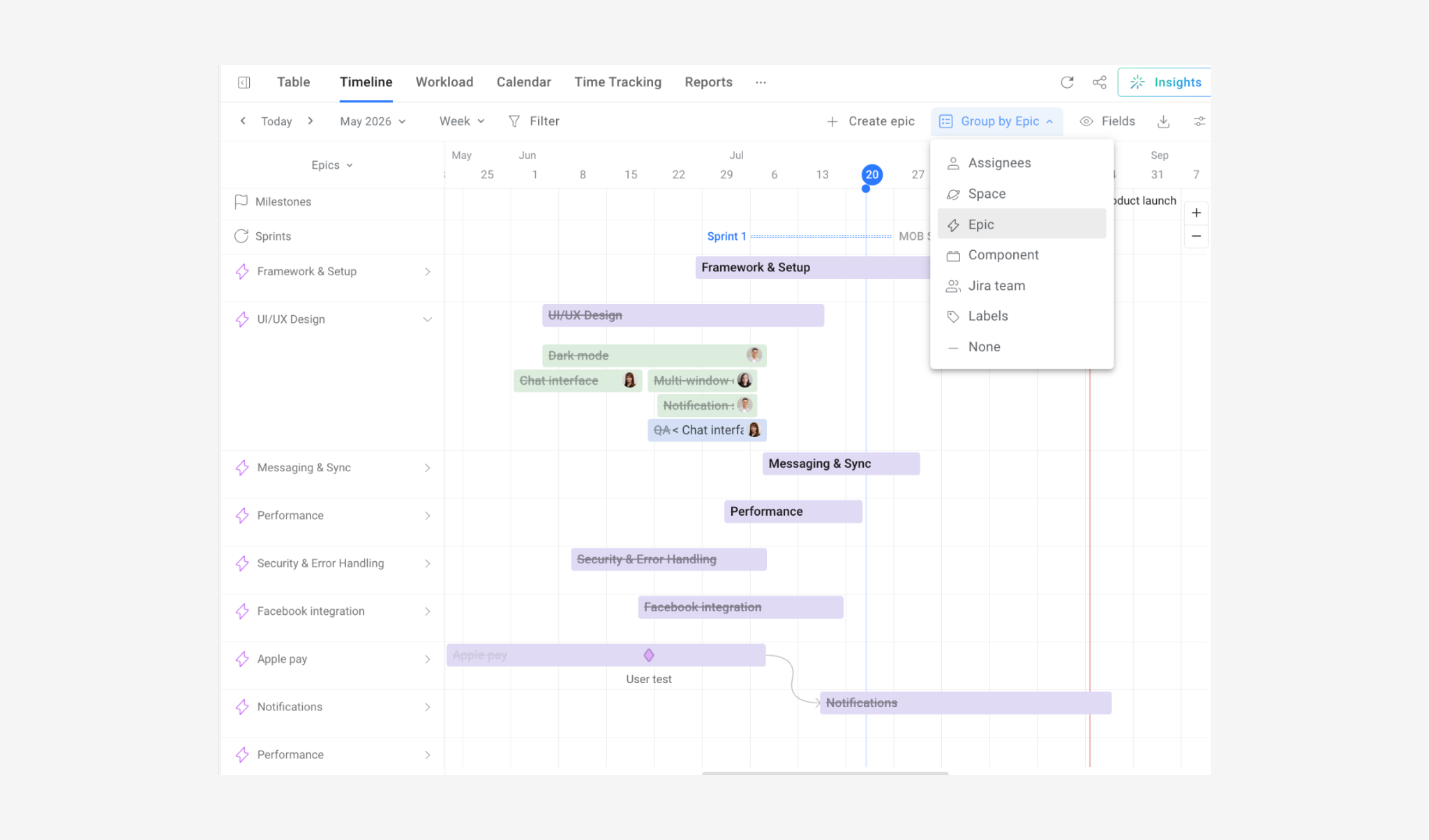 Screenshot of a high-level roadmap in Planyway