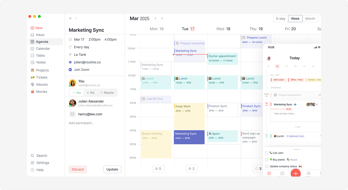 Routine calendar and agenda app interface showing a weekly schedule view alongside meeting details and a mobile companion layout.