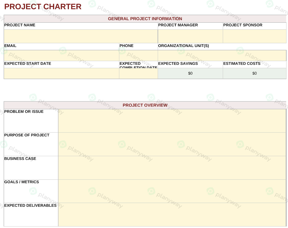 Project charter template highlighting general project information, overview, scope, and tentative schedule.