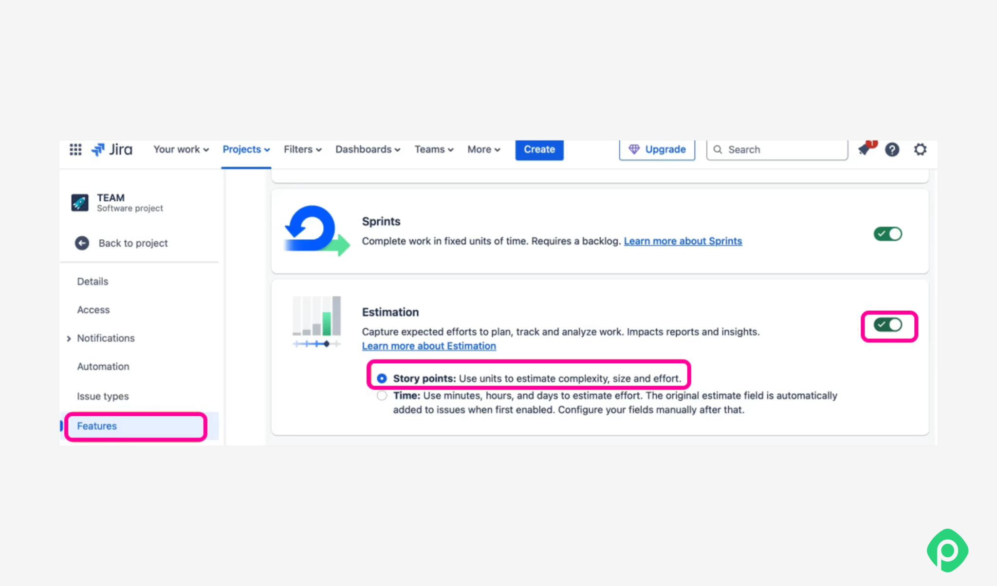 Jira project features settings showing the story points estimation toggle