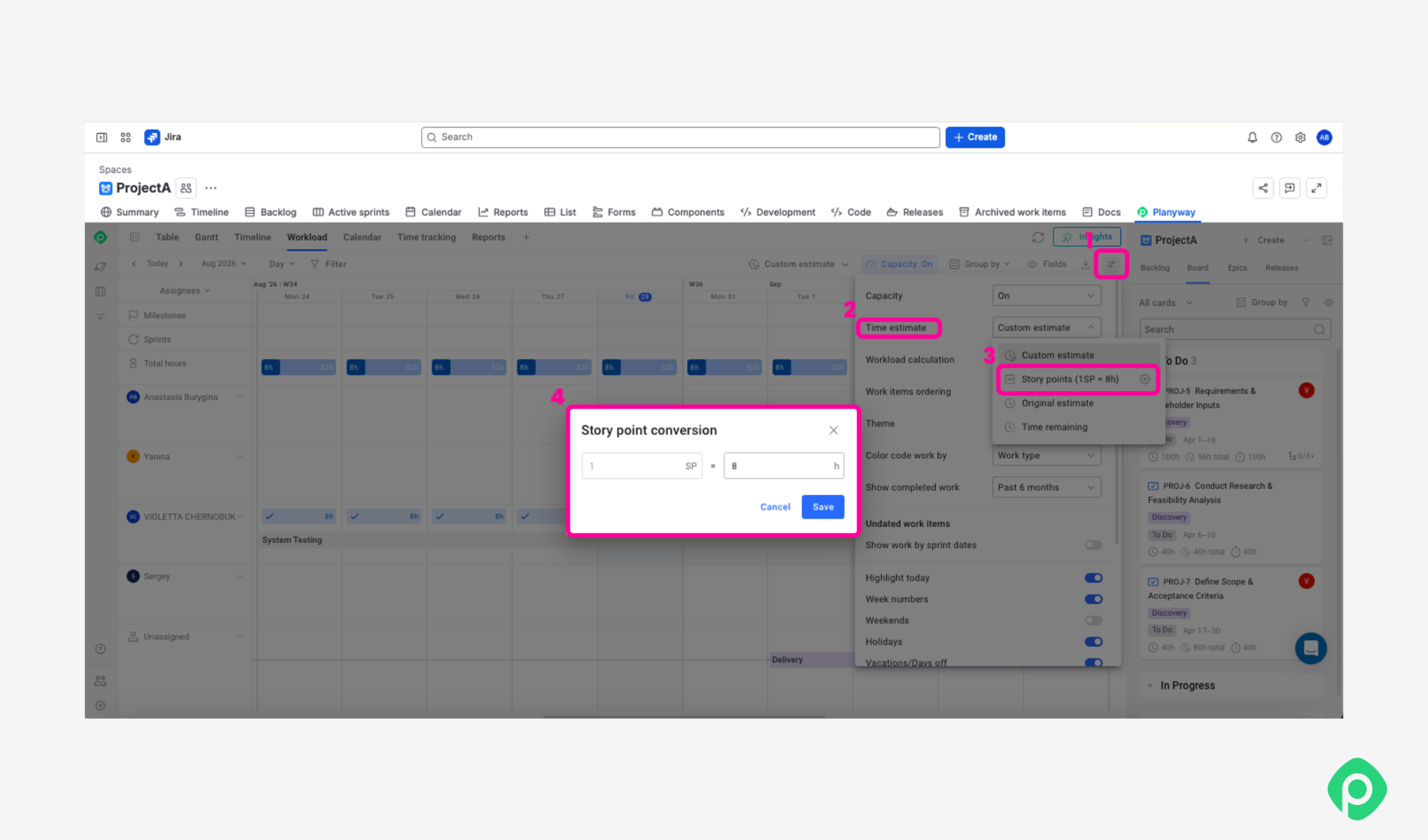 Planview workload capacity settings and story point conversion popup window.