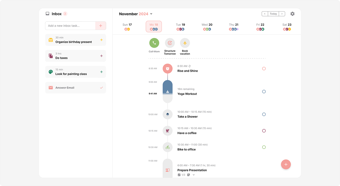 Structured visual daily planner interface featuring a time-blocked timeline layout and an inbox for unorganized tasks.