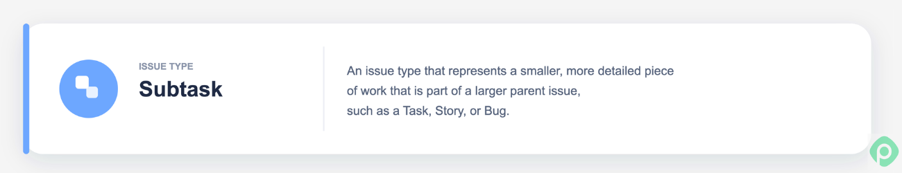 Infographic card defining the Subtask issue type as a smaller, detailed piece of work belonging to a larger parent issue.