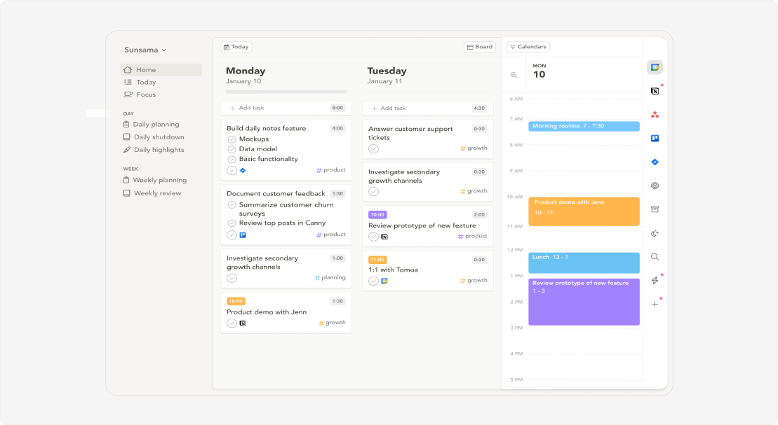 Sunsama daily planner dashboard showing daily task lists, time estimates, and an integrated weekly calendar view.