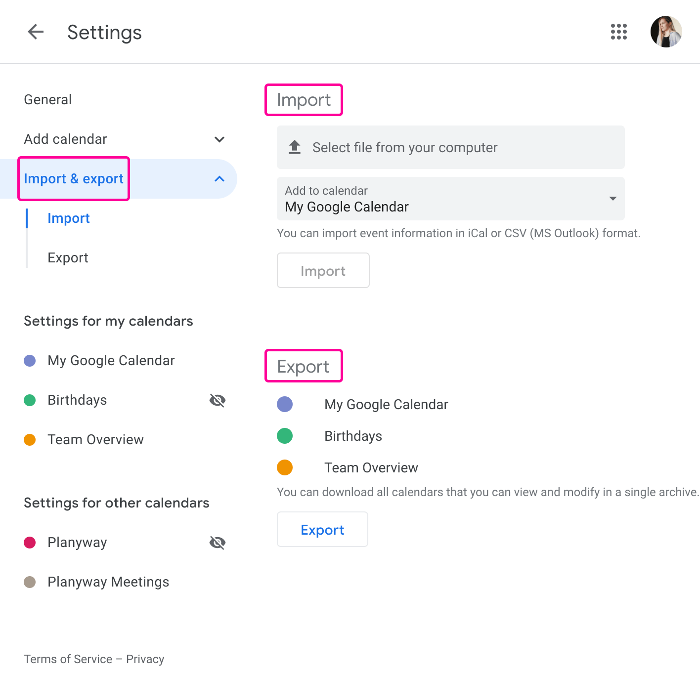 Import and export calendars