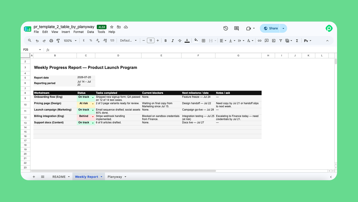 The table format of the progress report template spreadsheet that covers several workstreams at once