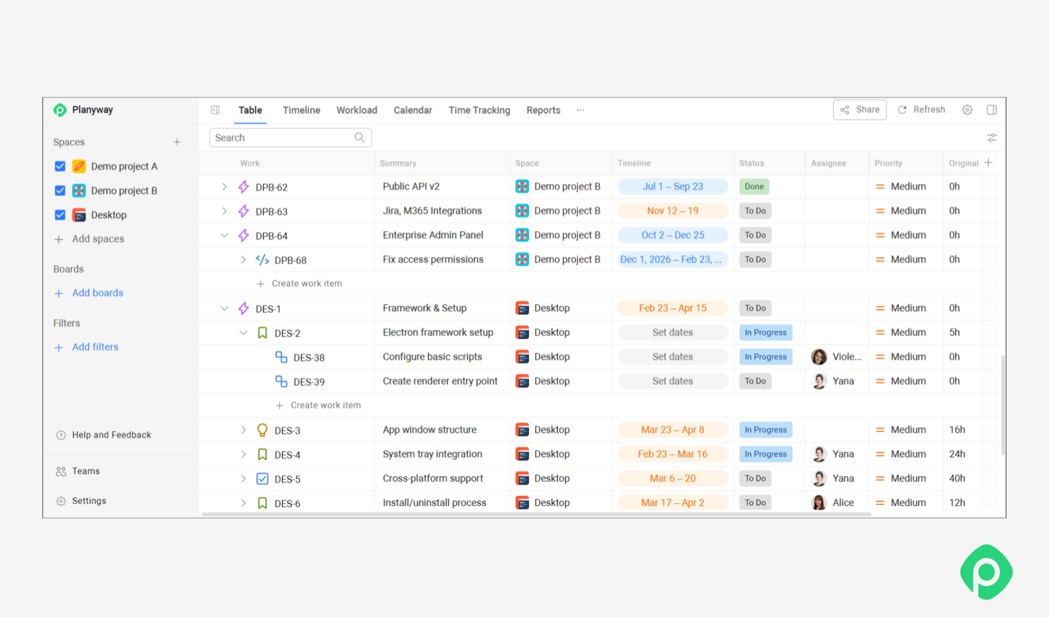 Planyway table view interface showing hierarchical project management tasks, spaces, timelines, statuses, assignees, and priorities.