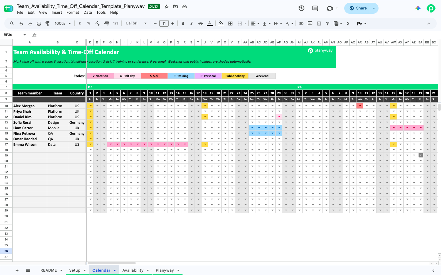 Team Availability & Time-Off Calendar spreadsheet template tracking employee vacation, sick leave, public holidays, and working days by country.