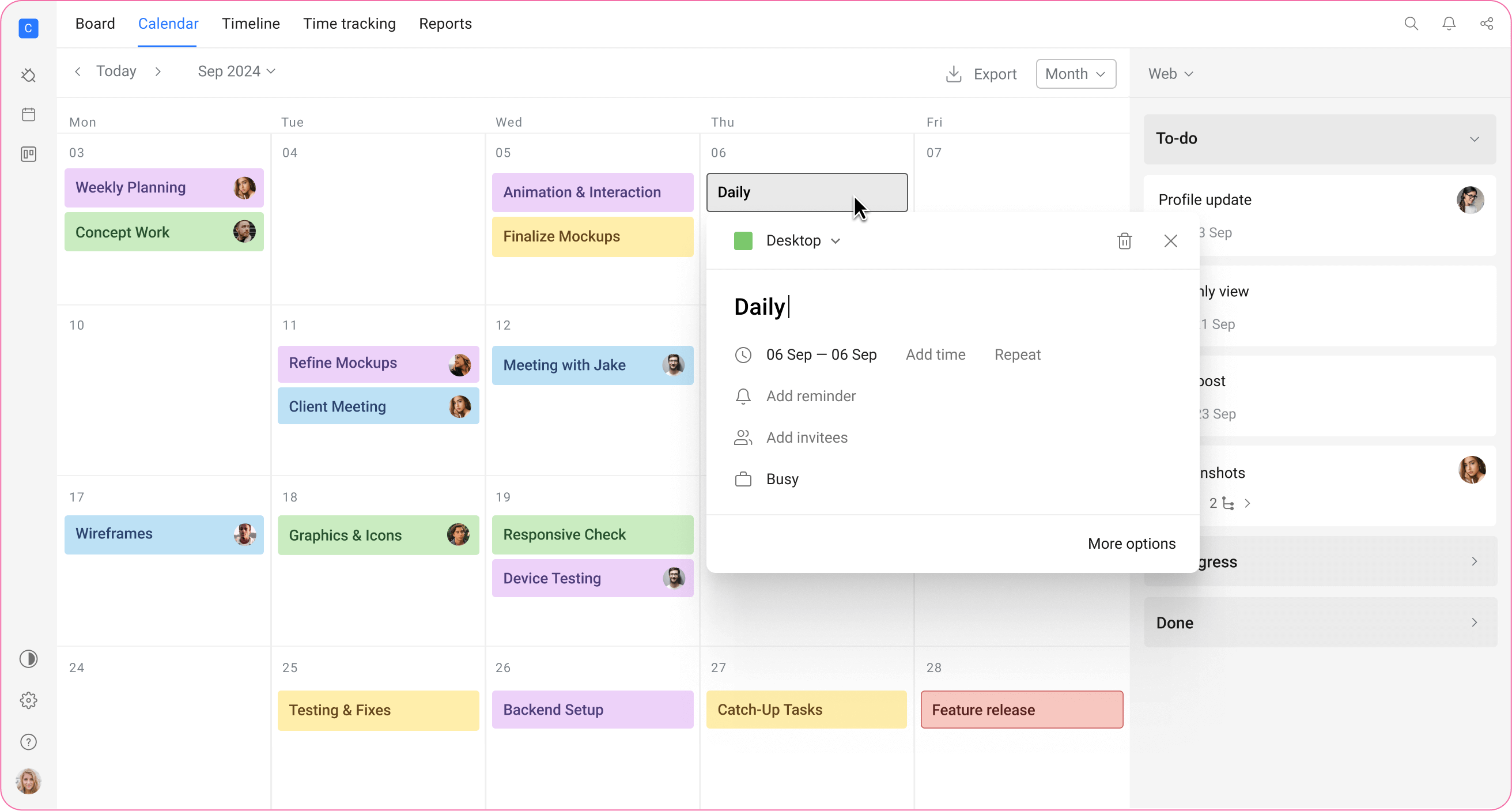 Screenshot of a team project calendar interface showing scheduled tasks and an open event details popup.