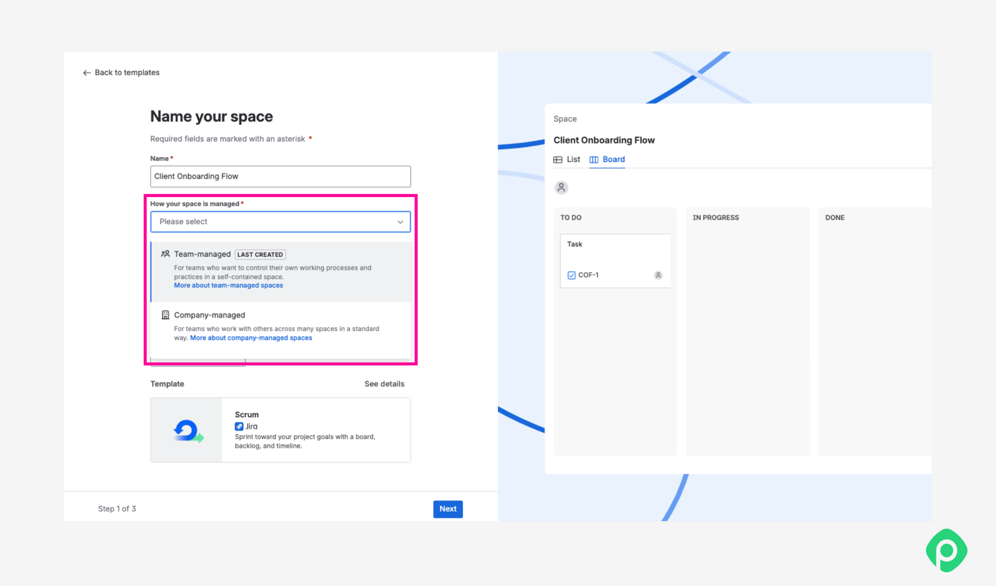 Jira space setup screen showing team-managed and company-managed options