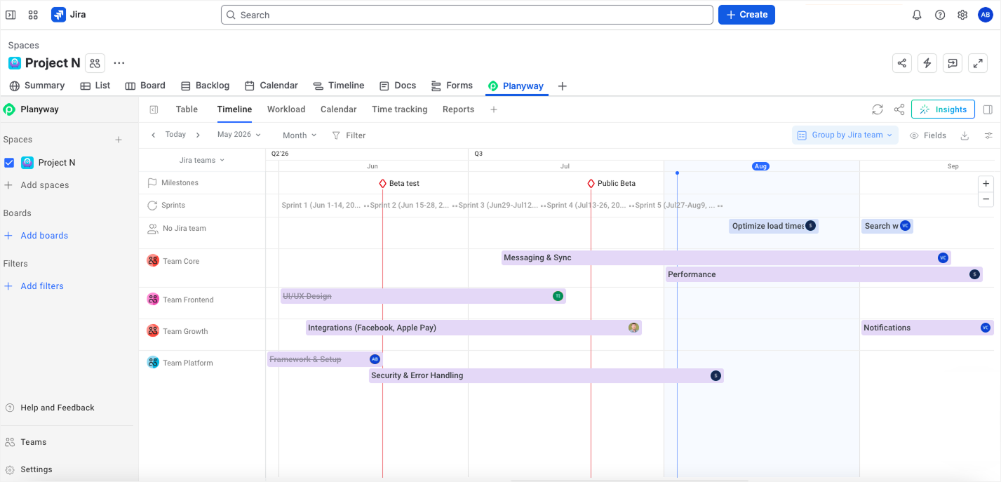 A cross-functional roadmap by Planyway Jira plugin grouped by Teams
