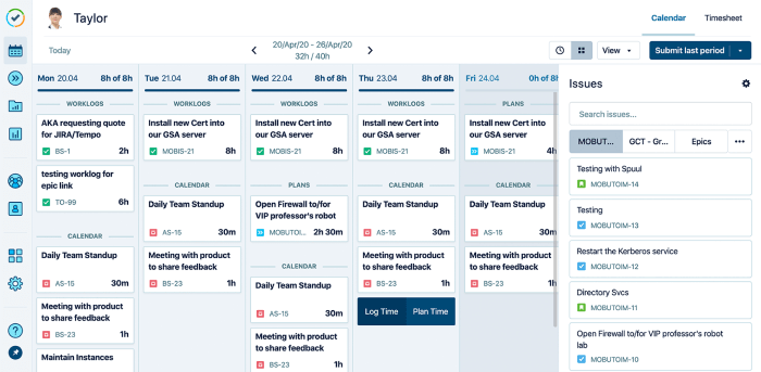 Time planning and calendar view showing daily worklogs and scheduled tasks.