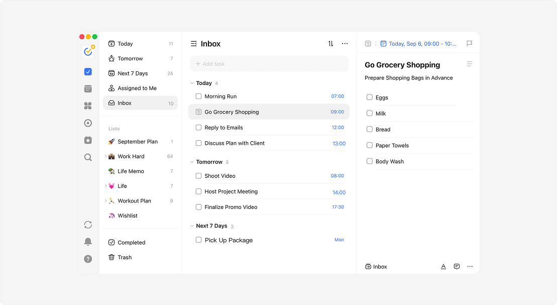 TickTick task management app interface displaying an inbox list view with scheduled daily tasks and an integrated checklist sidebar.