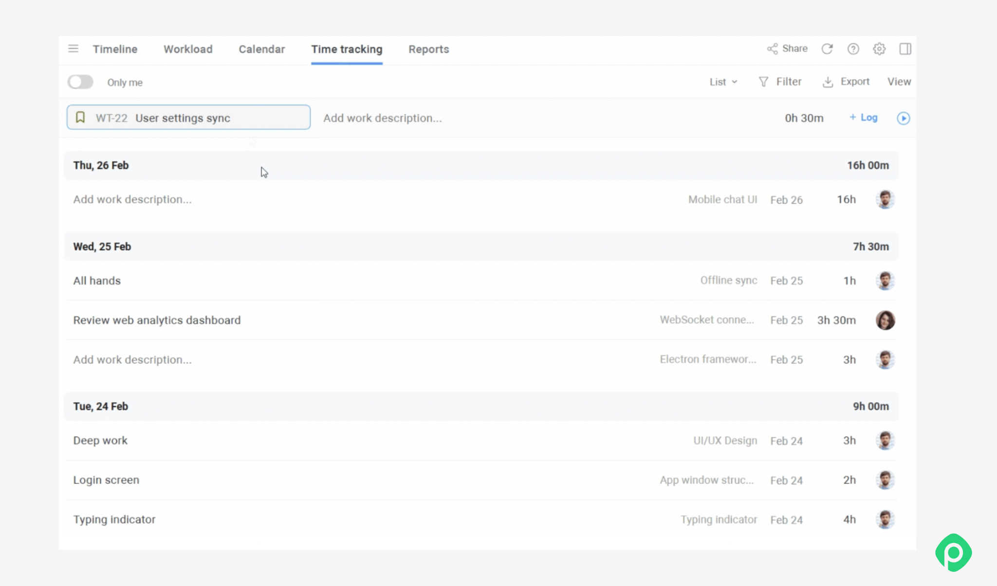 Time tracking list view displaying logged hours by date and task in Planyway