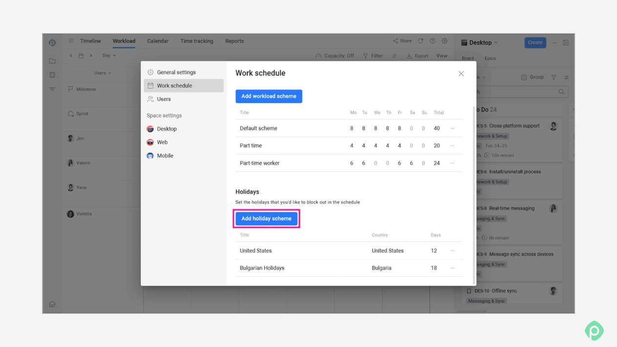Work schedule settings in Planyway for Jira with workload schemes and an Add holiday scheme button.