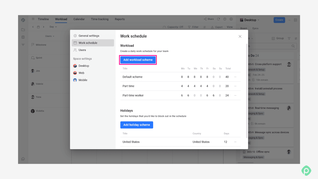 Planyway work schedule settings modal displaying workload schemes and holiday configurations for team capacity management.