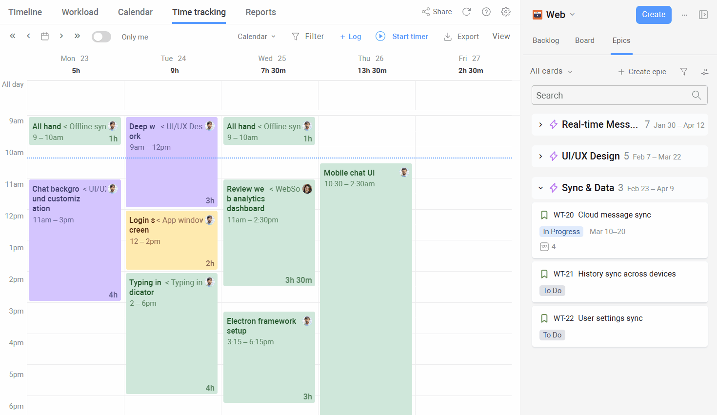 Planyway for Jira calendar view showing drag and drop time tracking for tasks.