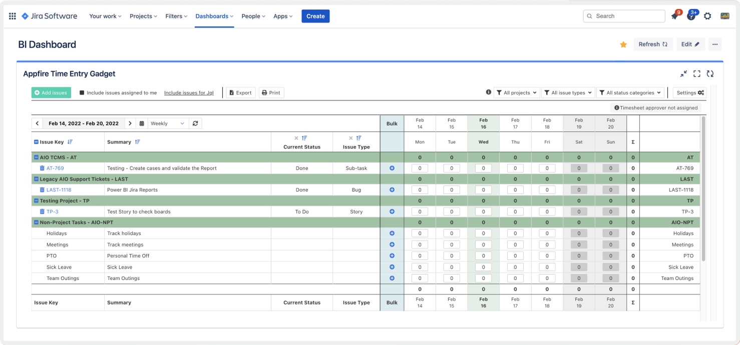 BI Dashboard in Jira displaying an Appfire Time Entry Gadget with weekly columns showing zero logged hours across multiple project categories.