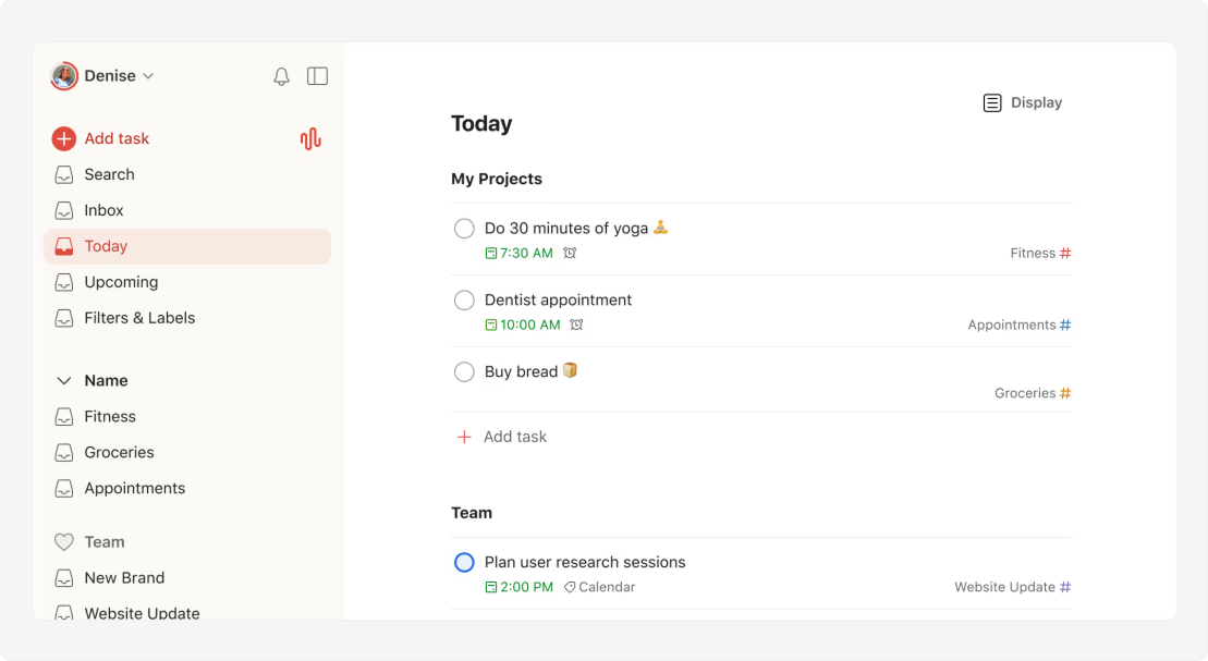 Todoist task manager dashboard showing the Today view organized by projects, due times, and priority labels.