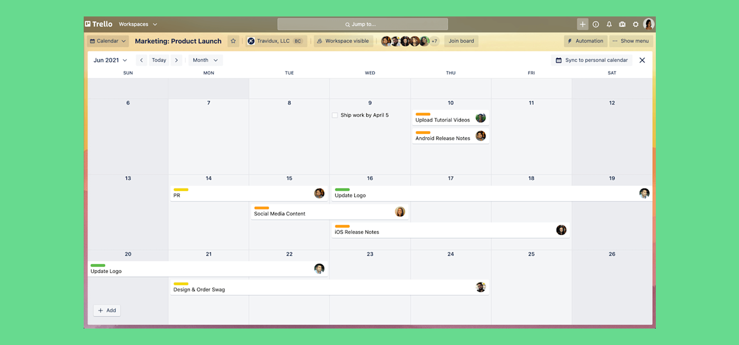 Trello calendar view showing product launch tasks scheduled on a monthly grid.