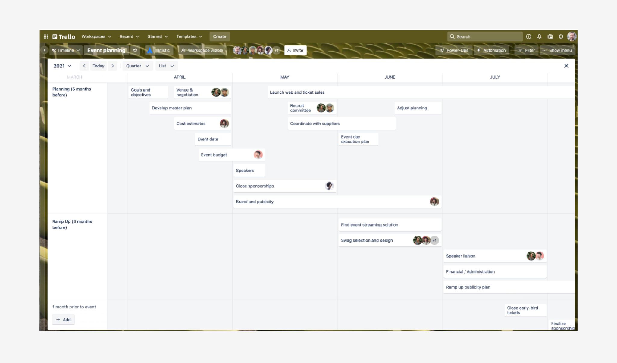 Trello event planning board in timeline view organized by monthly phases from initial goals to sponsor management.