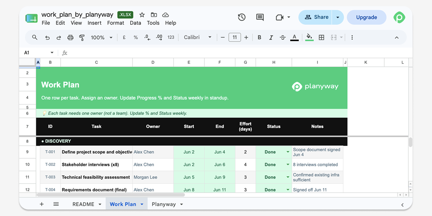 A general work plan template with simple and clear structure.