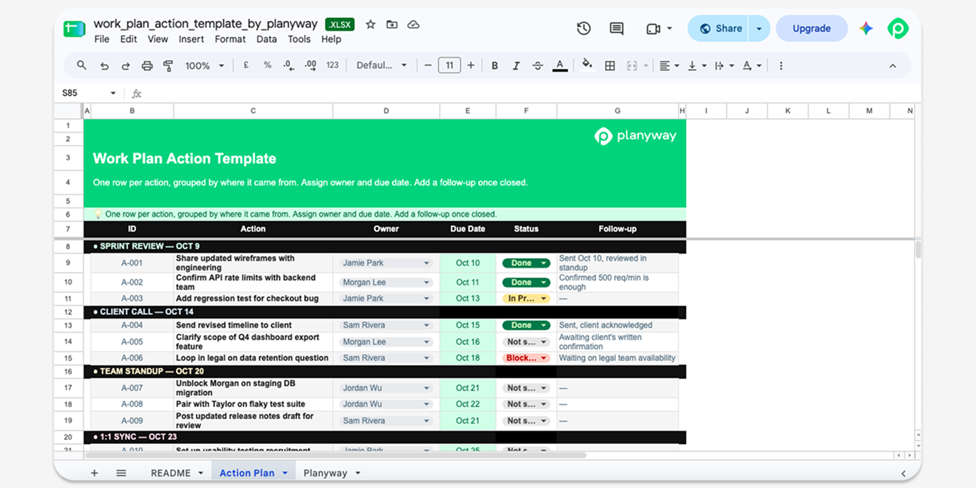 A work plan action template.