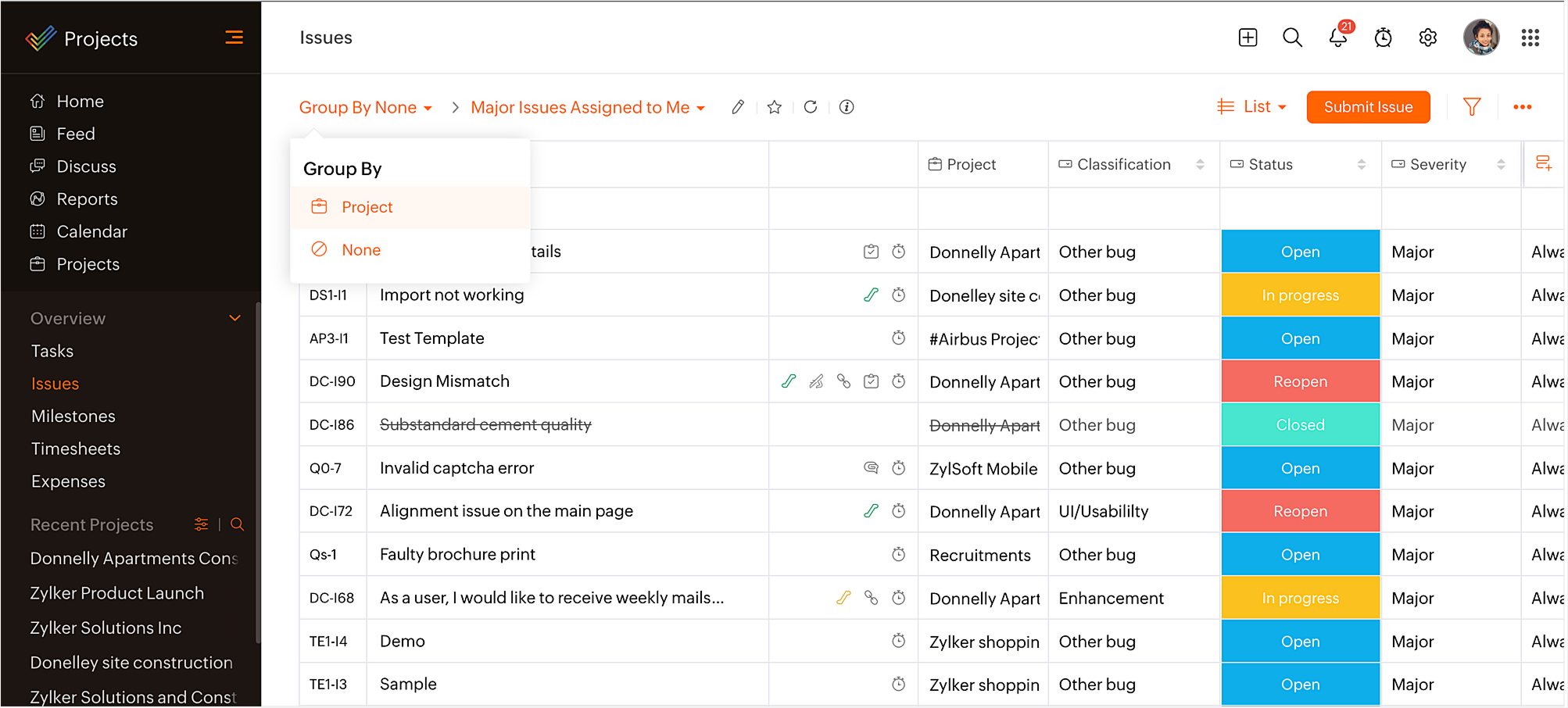 Zoho Projects issue list